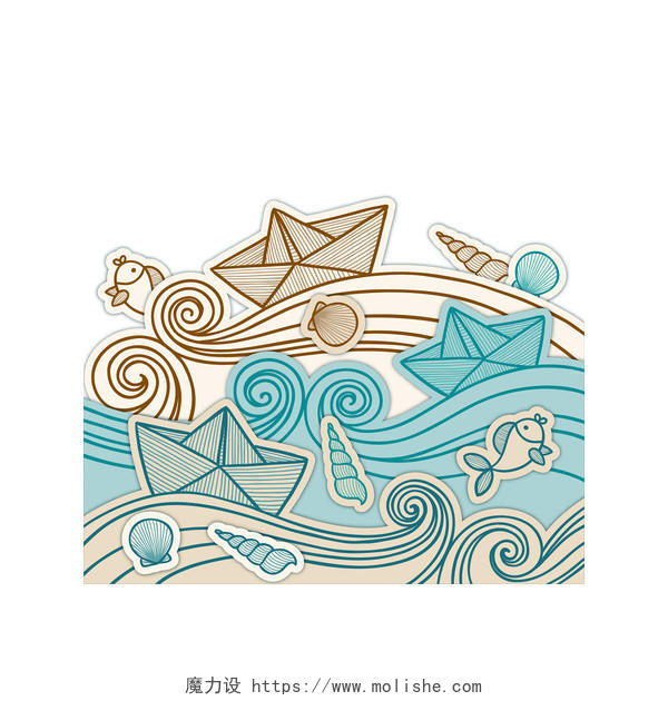 航海日元素卡通剪纸风纸船海浪矢量素材